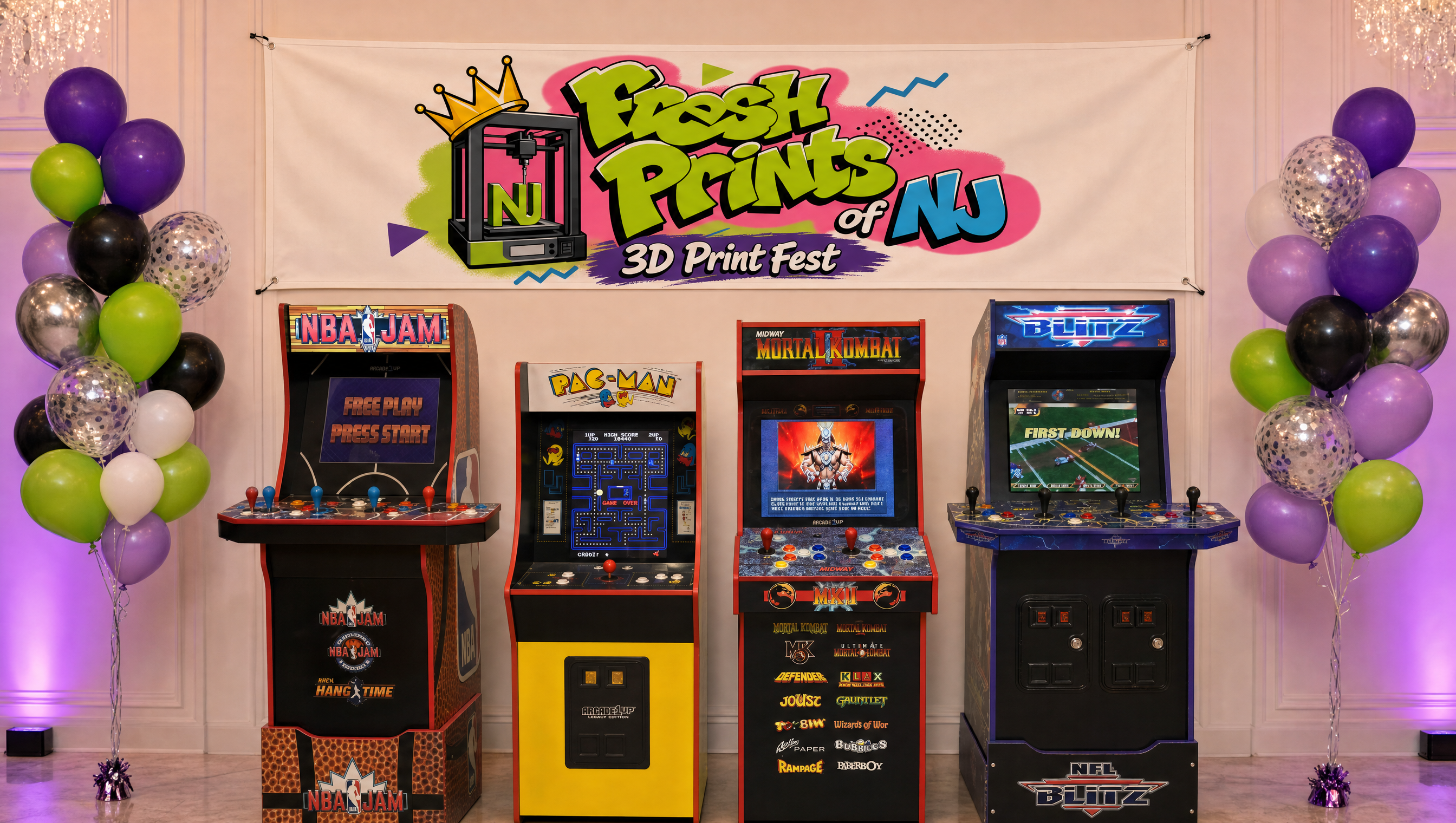 NBA Jam, Pac-Man, Mortal Kombat II, and NFL Blitz arcade machines